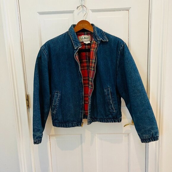 LL BEAN Insulated Flannel Lined Barn Chore Denim Harrington Jacket Coat VTG 80s - Picture 2 of 16
